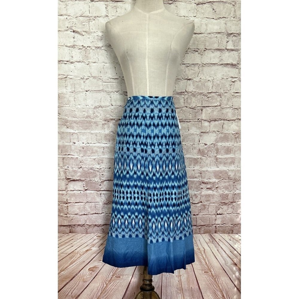Liz & Co. Womens A- Line Skirt Blue Ikat Print Crinkle Cotton Lined Size 16 NEW
